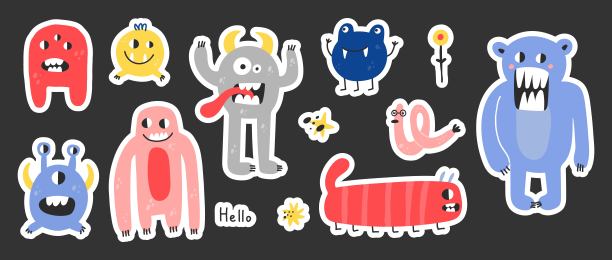 可爱的怪物贴纸。有趣的生物，小突变体或外星人，幽灵般的幻想字符与文本，幼稚的装饰收集，儿童文具，矢量卡通平面风格孤立的插图图片下载