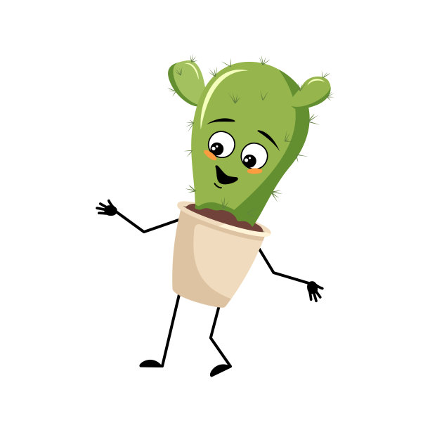 可爱的仙人掌角色在花盆里，带着快乐的情绪图片下载