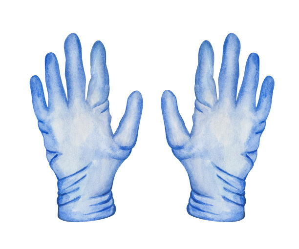 手绘医用蓝色手套隔离在白色背景上的水彩插图。医务人员个人防护用品，手部卫生用品。海报上的卫生保健项目图片下载