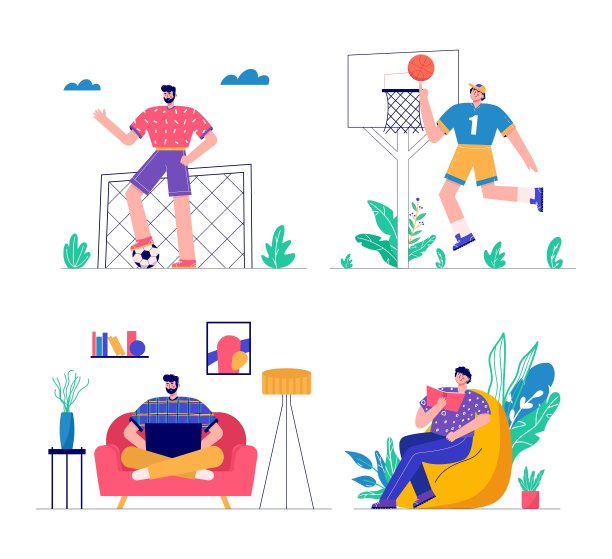 现代男性踢足球、打篮球、读书、做自由职业者、玩游戏。人们享受着他们的爱好、工作和休闲。矢量插图在平面卡通风格图片下载