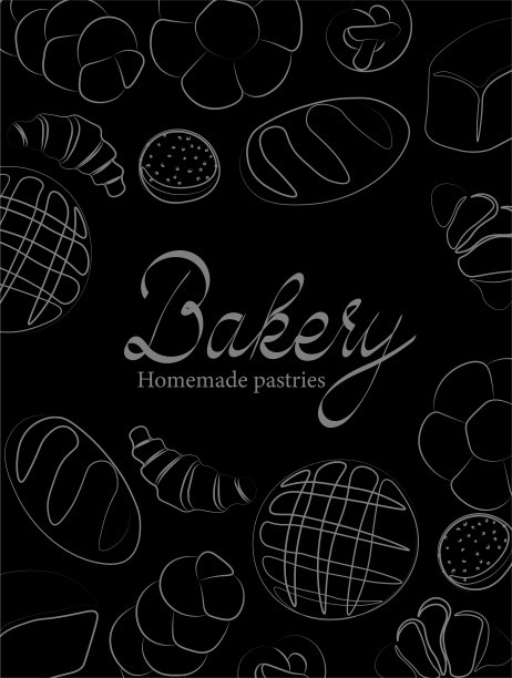 时尚的向量设计的面包店或咖啡馆。面包、面包、长棍面包和其他糕点的包装、标签或标牌插图。线艺术插图的食品横幅，传单或菜单。图片下载