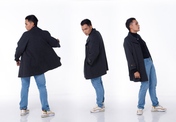 拼贴全身图20多岁亚洲大学生男子黑色头发衬衫，牛仔，裤子，运动鞋图片下载