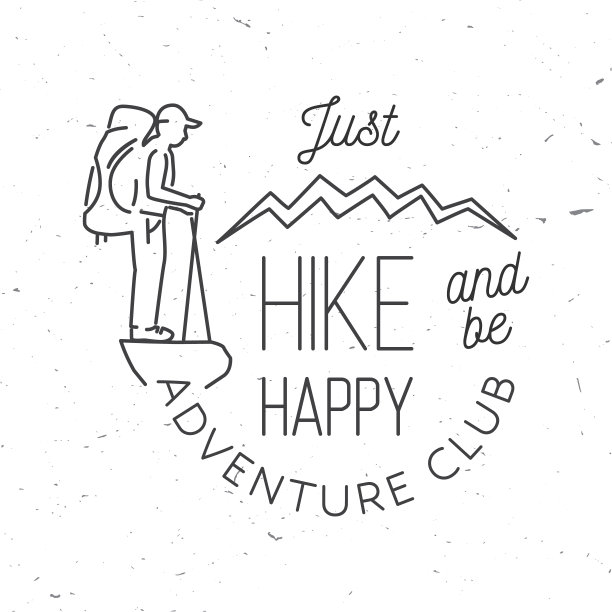 只是徒步旅行和快乐。探险俱乐部。山相关排印报价。矢量插图。线条艺术概念的衬衫或标志，印刷，邮票。图片下载
