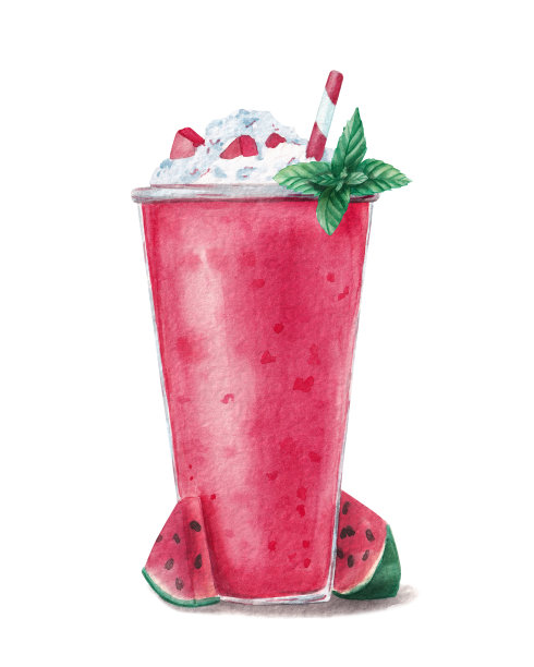 西瓜奶昔在杯子装饰冰，薄荷和新鲜水果手绘插图图片下载