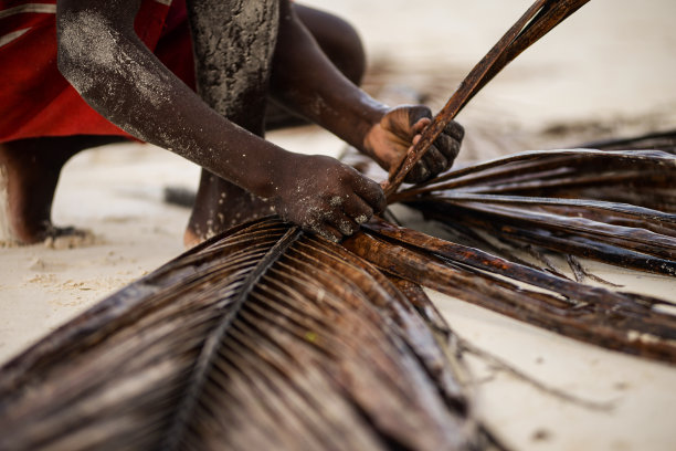 一个非洲孩子用一张棕榈叶的照片编织一件物品图片下载