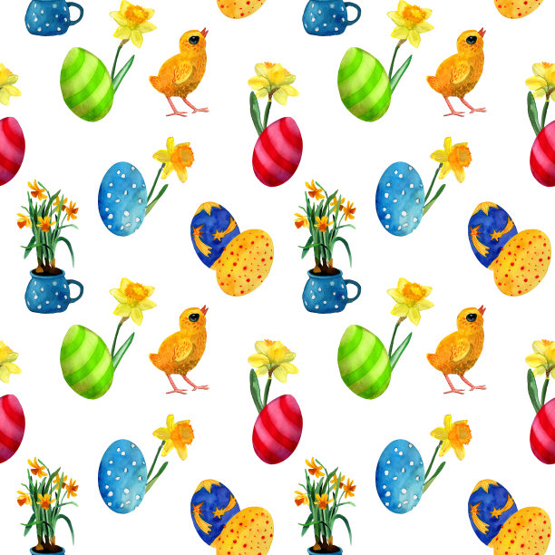 水彩复活节无缝图案。小鸡和鸡蛋的插图，春天的花朵。寻找复活节彩蛋的背景。图片下载