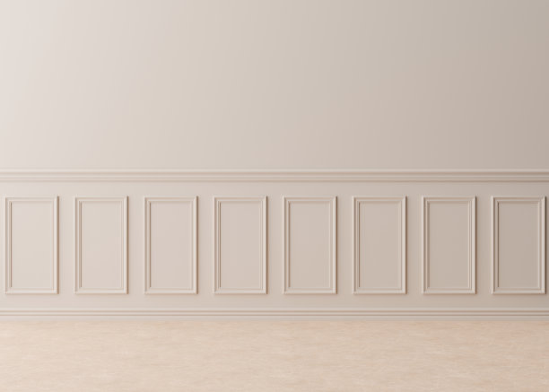 空荡荡的房间，奶油色的墙壁镶着线条。只有墙和地板。模型内部。免费，复制空间为您的家具，图片和其他对象。3 d渲染。图片下载