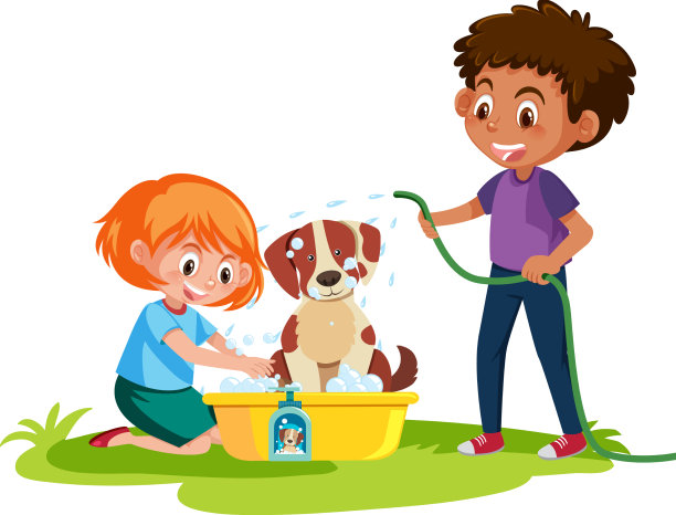 可爱的小狗和小男孩、小女孩一起洗澡图片下载