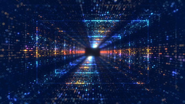 穿越未来隧道。抽象的3 d动画。数据网络，虚拟现实，量子。照明走廊的概念，室内设计，飞船，银河，科学，实验室，技术，科学图片下载