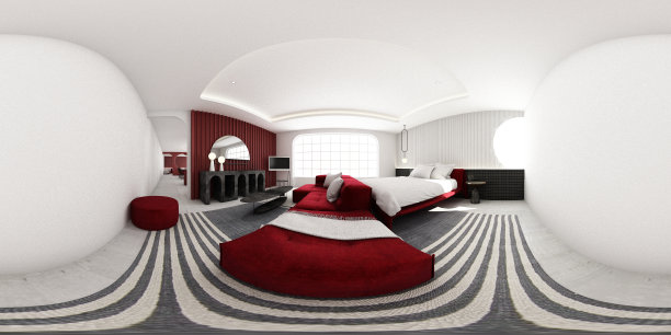 室内红色的卧室天鹅绒织物家具床站立地毯在混凝土地板上，特色墙壁装饰内置和大窗户在现代弧形曲线趋势设计3d渲染360图片下载