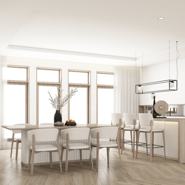 餐厅区采用复古极简风格的室内设计。在公寓中使用木质材料和浅灰色布料，在拼花地板和子框架木走道上使用大窗口3d渲染图片下载