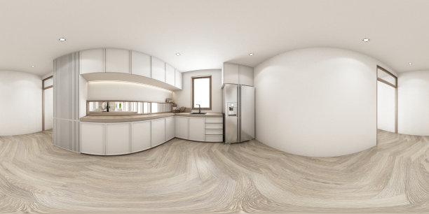 厨房以极简主义风格设计，由木材材料制成，木制台面有隐藏的灯，地板上有水池、火炉和冰箱。3d渲染360全景图片下载
