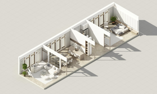 室内复古简约风格的客厅餐厅卧室。在公寓中，在镶木地板和框架走道上使用木质材料和浅灰色布料，大窗户3d渲染等距图片下载