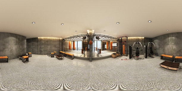拳击馆配有工业阁楼式训练设备，并配有地毯地板健身设备，用于拳击手3d渲染360度全景图片下载