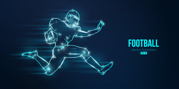 抽象的轮廓，一个美国足球运动员在行动中的人孤立的蓝色背景。矢量图图片下载