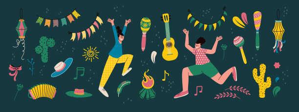 西班牙庆祝圣胡安之夜。孤立的矢量插图卡通设计。拉丁美洲派对，音乐节，当地节日。图片下载