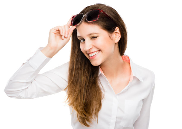 一个年轻的女商人在工作室背景下眨眼的照片图片下载