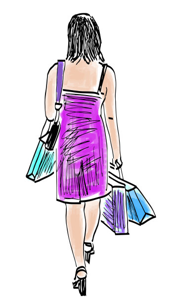 年轻苗条的城市妇女与购物袋散步在夏天的一天户外素描图片下载