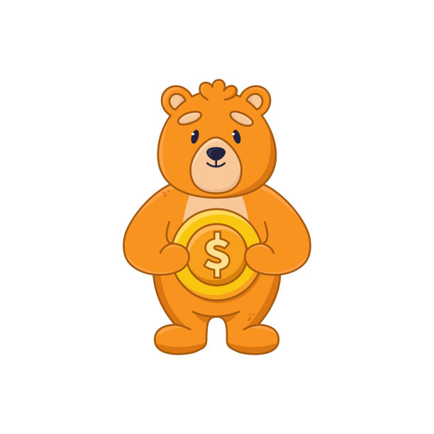 可爱的橙色小熊卡通人物拿着大金币贴纸图片下载