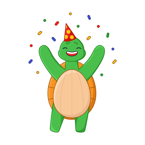 派对帽子贴纸上的快乐乌龟卡通人物图片下载