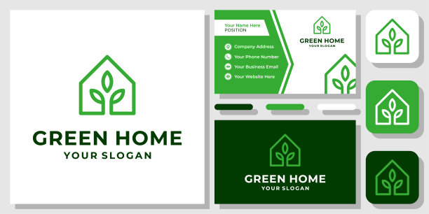 植物家园叶房子自然建筑树有机绿色标志设计与名片模板图片下载