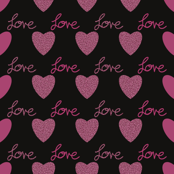 无缝图案，可爱的粉红色心的爱的象征画在黑色背景设计的情人节图形，时尚纺织品，包装，壁纸，家居装饰。图片下载