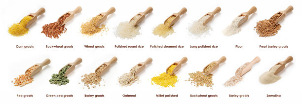 一组不同的groats在一个全景。高质量的照片。大麦，豌豆，荞麦，大米，面粉，燕麦，玉米/小麦燕麦，珍珠大麦，小米抛光，粗面粉。图片下载