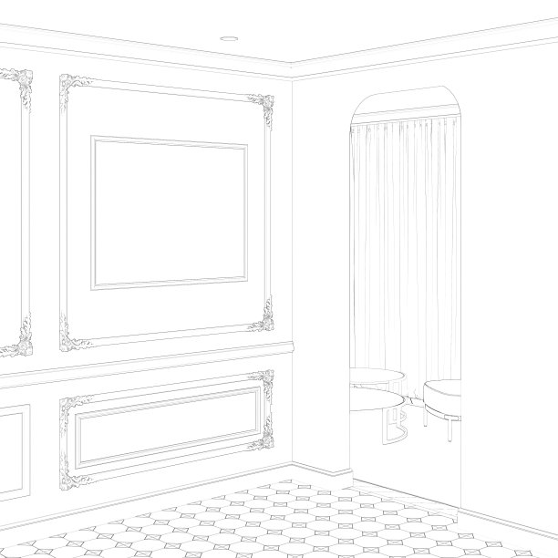 一幅现代古典大厅的素描，门口旁边的古典墙上贴着一张空白的水平海报，地板铺着瓷砖。后面靠窗的地方有一张扶手椅和一张桌子。图片下载