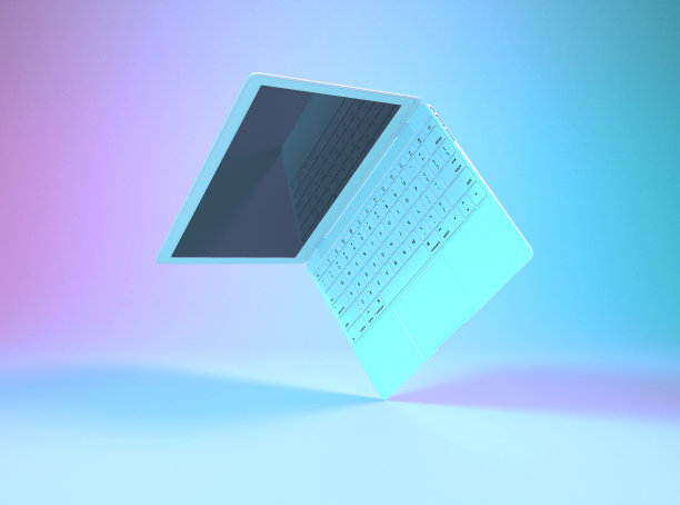 笔记本电脑或笔记本电脑与英文键盘照明的明亮梯度全息灯的粉红色蓝色祖母绿的颜色。极具创意的办公室背景。波普艺术，模拟3D插图图片下载