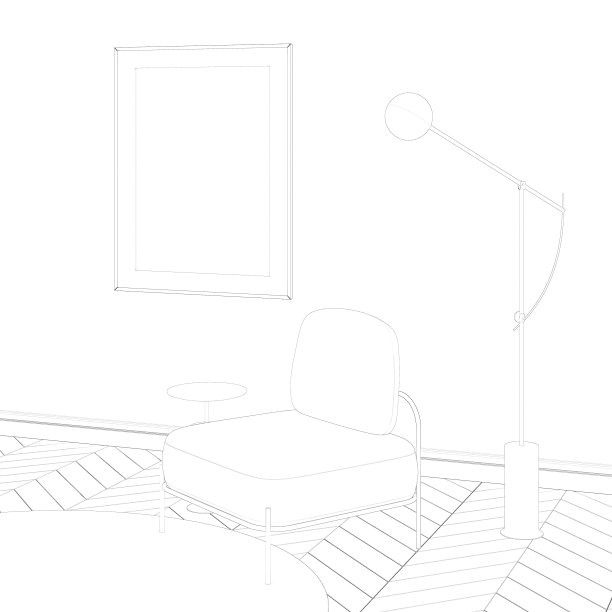 这是一幅现代简约主义的室内草图，有一张垂直的海报，有一盏现代台灯，旁边有一张咖啡桌，拼花地板上铺着一张圆形地毯。图片下载