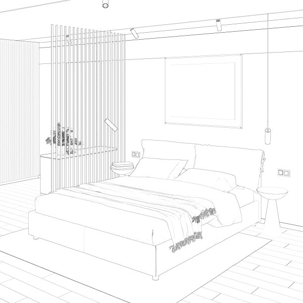 这是一间现代卧室的草图，床头板上方有一张水平的海报，床边有两个床头柜，瓷砖地板上铺着地毯，门旁边有一块隔板，还有一个现代风格的衣橱。图片下载