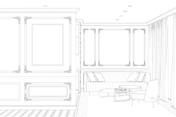 一幅现代古典室内的草图，在古典的墙上贴着一幅垂直的海报。有几张咖啡桌，旁边有一张沙发和扶手椅，窗户的背景是窗帘。图片下载