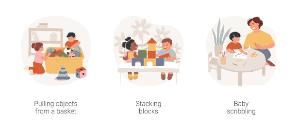婴儿精细运动技能发展孤立卡通矢量插图集。图片下载