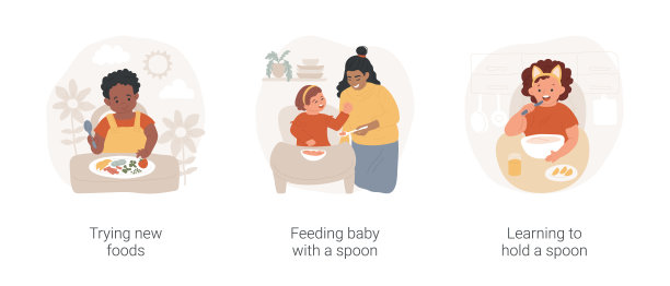 婴儿饮食习惯和技能孤立卡通矢量插图集。图片下载