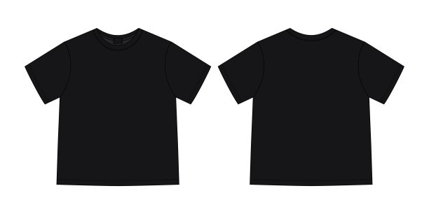 服装技术素描男女通用的超大t恤。t恤设计模板。黑色的颜色。图片下载