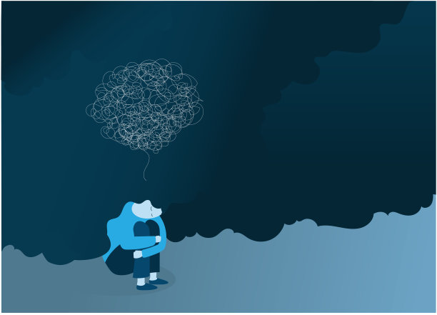 一个有心理问题的跪地女人插画，她感到沮丧，独自承受焦虑和压力，一根打结的线从她的大脑中伸出图片下载