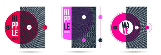 云纹op艺术矢量设计元素，图形风格海报和横幅和小册子集，抽象的现代艺术与扭曲的网格。图片下载