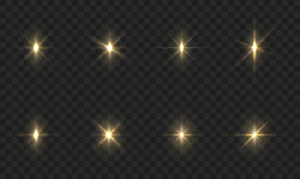 透明背景上的闪亮星星。耀斑闪耀的星星。闪闪发光节日套装。金色散景灯光亮片和亮片。闪亮爆裂发光耀斑。孤立的矢量图图片下载
