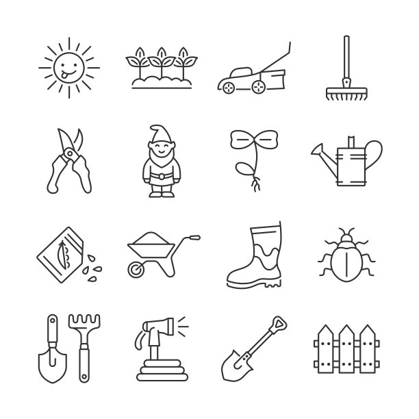 园艺行图标集。媒介收集幼苗，花园侏儒，种子，昆虫，花园软管，太阳，栅栏，萌芽。图片下载