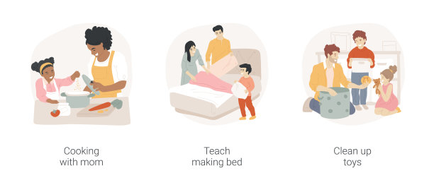 家庭维护技能为孩子孤立的卡通矢量插图集。图片下载