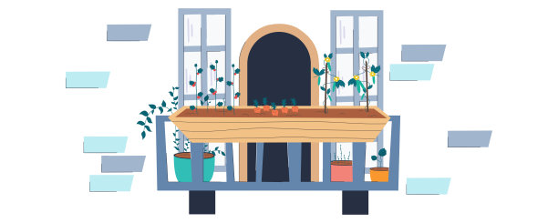 阳台花园与秧苗蔬菜在平面风格的光背景。带叶子的花盆，在阳台上种植蔬菜。平面卡通矢量插图。现代室内装饰设置。图片下载