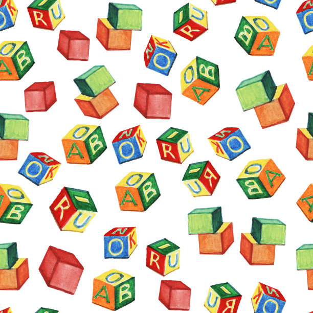 无缝的模式与儿童的立方体在一个白色的背景。水彩插图。图片下载