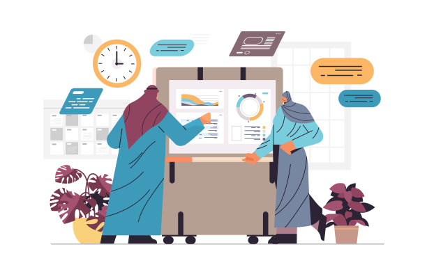 商人们在数字屏幕上分析统计图表，商业数据分析监测投资财务报告图片下载