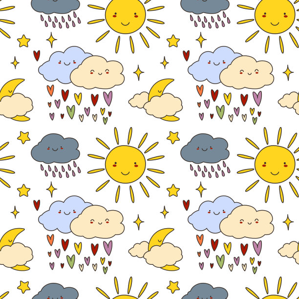 可爱的向量无缝婴儿模式与云。为孩子，生日卡片，壁纸，纹理，婴儿淋浴邀请模板的彩色有趣打印。每股收益图片下载