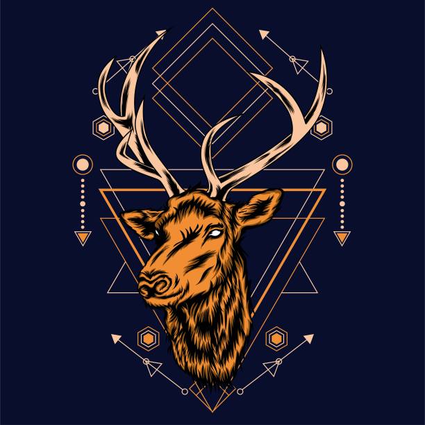 鹿头与神圣的几何图案在黑色背景向量复古插图图片下载