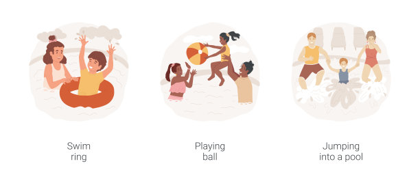 后院游泳池孤立的卡通矢量插图集。图片下载