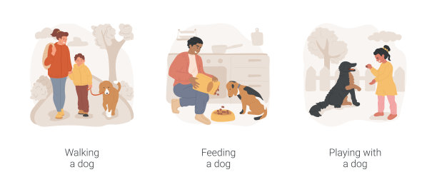 狗主人例行孤立的卡通矢量插图集。图片下载