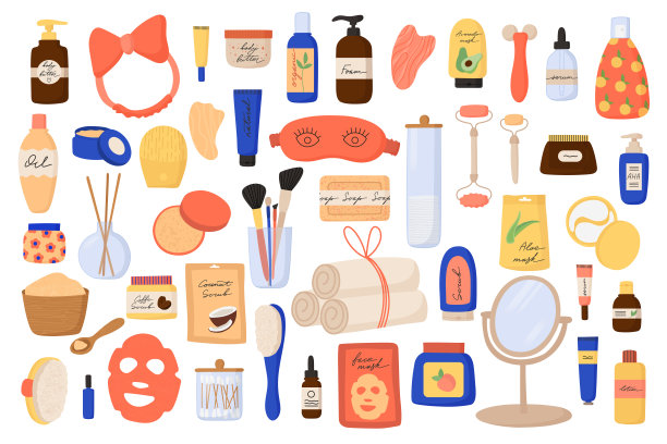 护肤品卡通套装。五颜六色的瓶子、玻璃瓶、管子。化妆品集合。女人护肤的东西。图片下载