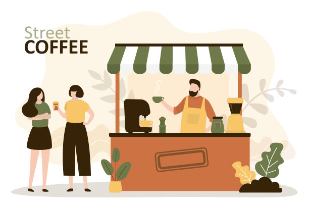 女孩们在报摊点了咖啡。咖啡师给女人点餐。男主角准备外卖饮料。小生意。女友们等着点热饮聊天。图片下载