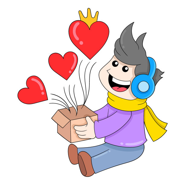 男孩正在打开纸板，里面装着爱的惊喜礼物，涂鸦图标形象可爱图片下载